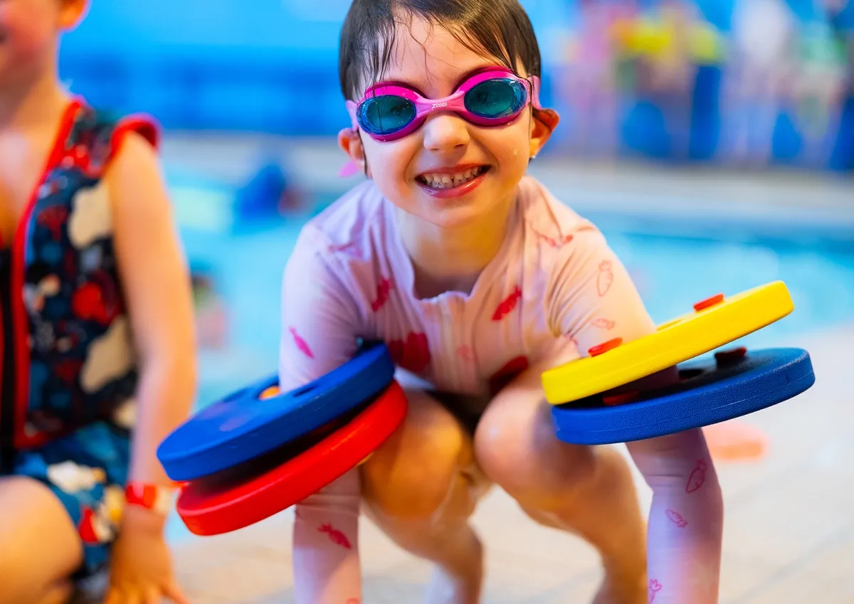 Billericay Holiday Camp swimming activity at Mayflower High School Child wearing swimming goggles during a Billericay Holiday Camp swimming activity at Mayflower High School